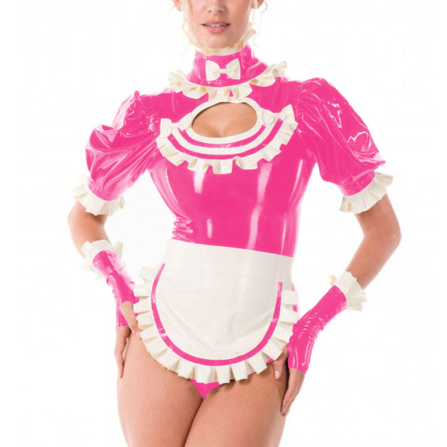 Sissy Fancy French Maid Uniforms Cross Dresser Cosplay Dress Outfits Ruffles Collar Short Sleeved PVC Shiny Bodysuit with Apron