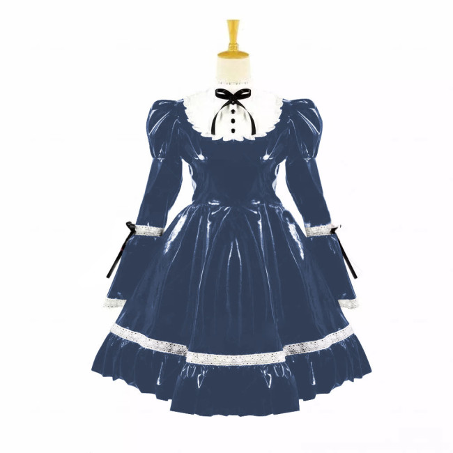Turtleneck PVC Leather Maid Cosplay Lingerie Puff Long Sleeve Sweet Bow Splice White Lolita Dress Kawaii Waitress Maid Outfit