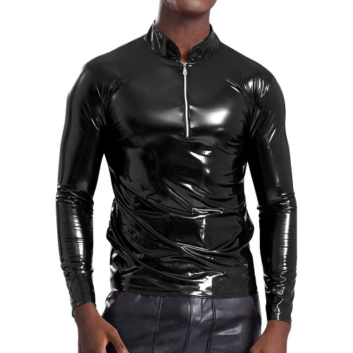 Glossy Stand Collar Tights T-Shirt Mens Punk Style Zipper Nightclub Tops Fashion Male Tee Shirt Shiny PVC Solid Tops Clubwear