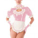 Sissy Fancy French Maid Uniforms Cross Dresser Cosplay Dress Outfits Ruffles Collar Short Sleeved PVC Shiny Bodysuit with Apron