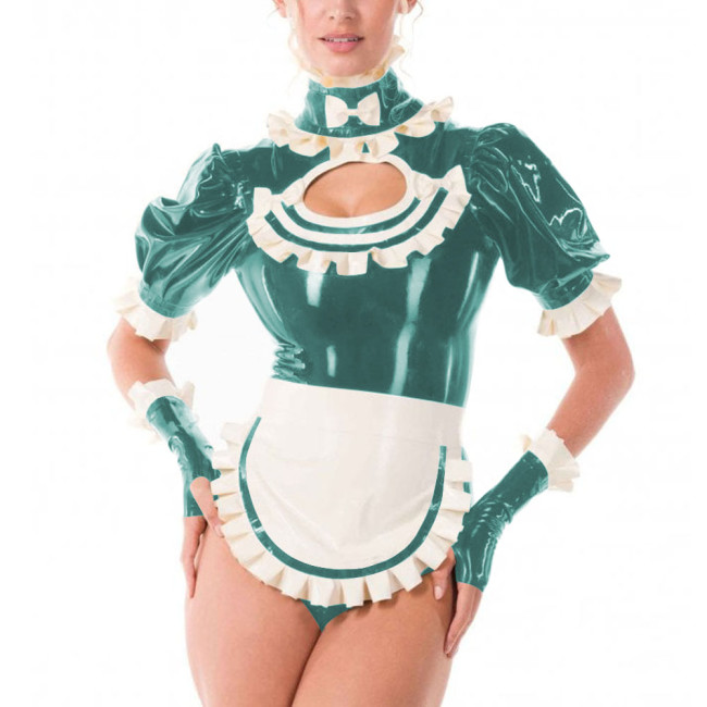 Sissy Fancy French Maid Uniforms Cross Dresser Cosplay Dress Outfits Ruffles Collar Short Sleeved PVC Shiny Bodysuit with Apron