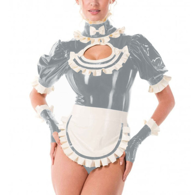 Sissy Fancy French Maid Uniforms Cross Dresser Cosplay Dress Outfits Ruffles Collar Short Sleeved PVC Shiny Bodysuit with Apron