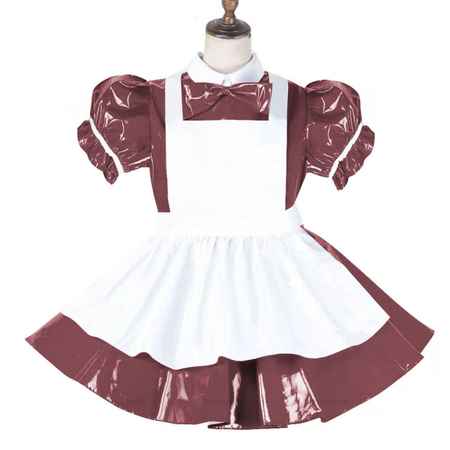 Sissy Lockable Maid Sweet Lolita Dress PVC Leather French Puff Sleeve A-line Black Lolita Dress Role Play Cosplay Maid Outfit