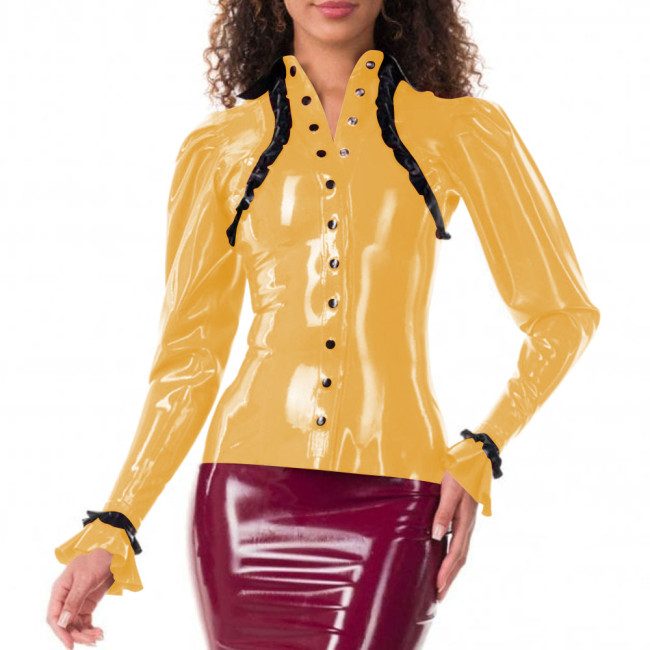Elegance Ruffles Stand Collar Slim Fit PVC Women Shirt Faux Latex Single-breasted Long Sleeve Office Lady Bodycon Womens Tops