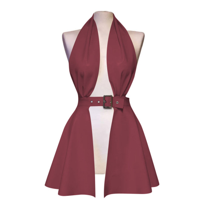 Erotic Halter Backless Hollow Out Sexy Dress Women Pole Dance Mini Faux Latex Dress Sexy Lingere Fetish Front Slit Pleated Dress