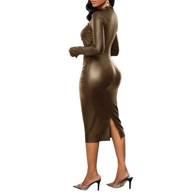 Office Lady Slim Fit Sexy PU Leather Hobble Dress Matte Party Club Long Sleeve Hollow Out Bodycon Dress Women Midi Pencil Dress