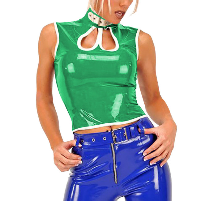 Sexy Gothic PVC Shiny Tops Women Slim Fit Glossy Hollow Out Vest Punk Style Tank T-shirt Fashion Sleeveless Club Tees Party Wear