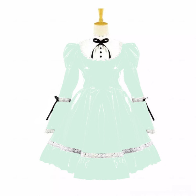 Turtleneck PVC Leather Maid Cosplay Lingerie Puff Long Sleeve Sweet Bow Splice White Lolita Dress Kawaii Waitress Maid Outfit