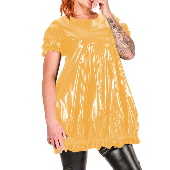 Faux Latex Puff Short Sleeve Loose Casual Dress Women O-neck A-line Mini Dress Summer Slim Fit PVC Dress Female Party Vestido