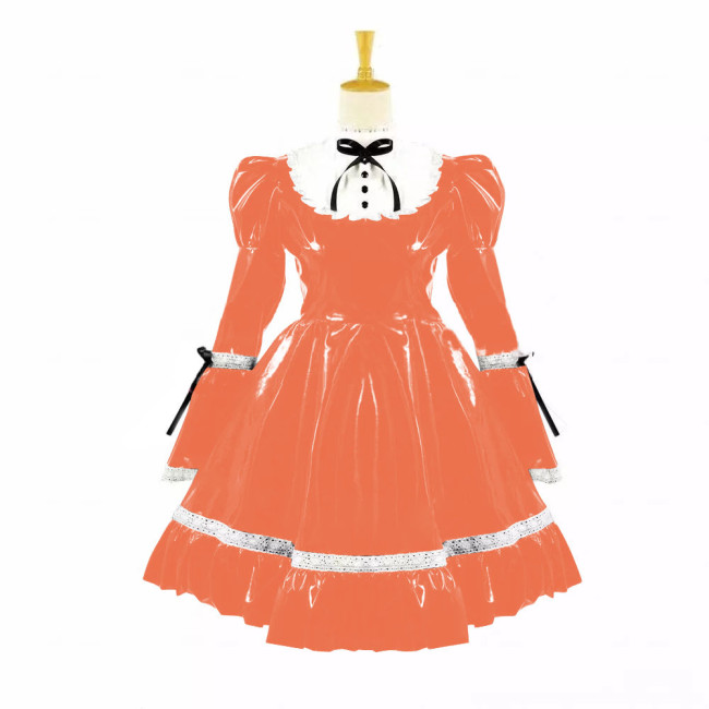 Turtleneck PVC Leather Maid Cosplay Lingerie Puff Long Sleeve Sweet Bow Splice White Lolita Dress Kawaii Waitress Maid Outfit