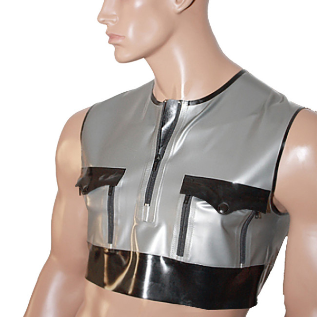 Mens Sissy Tank Top Patent Leather Patchwork Sleeveless O Neck Sport Clothes Men Gym Crop Top Sexy Club Gay Male PVC Summer Tops