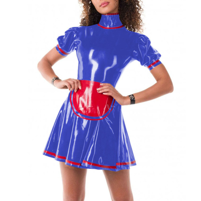 French Sweet Puff Sleeve Turtleneck Maid Dress Faux Latex Cosplay Costumes Pleated Mini Dress Sissy Cute Japanese Maid Outfit