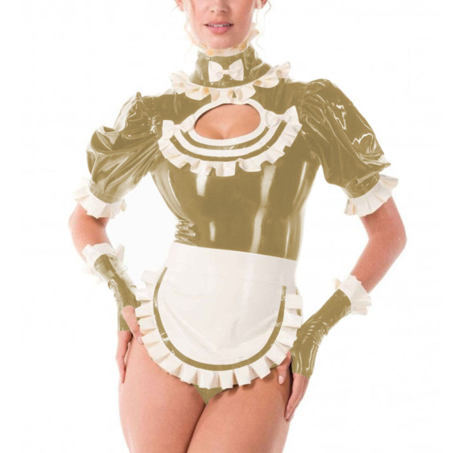 Sissy Fancy French Maid Uniforms Cross Dresser Cosplay Dress Outfits Ruffles Collar Short Sleeved PVC Shiny Bodysuit with Apron