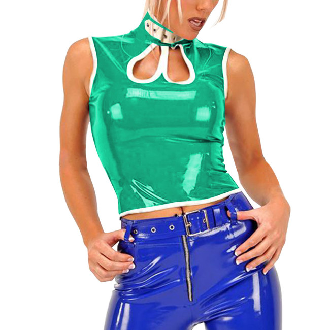 Sexy Gothic PVC Shiny Tops Women Slim Fit Glossy Hollow Out Vest Punk Style Tank T-shirt Fashion Sleeveless Club Tees Party Wear