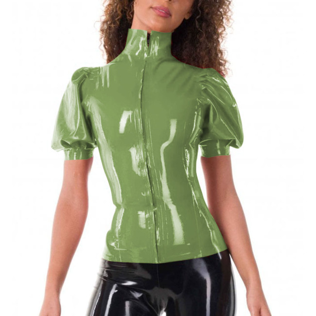 Ladies Tops Puff Short Sleeve Elegance High Neck PVC Leather Slim Fit Blouses Front Zipper Women Tops Office Business Daily Wear