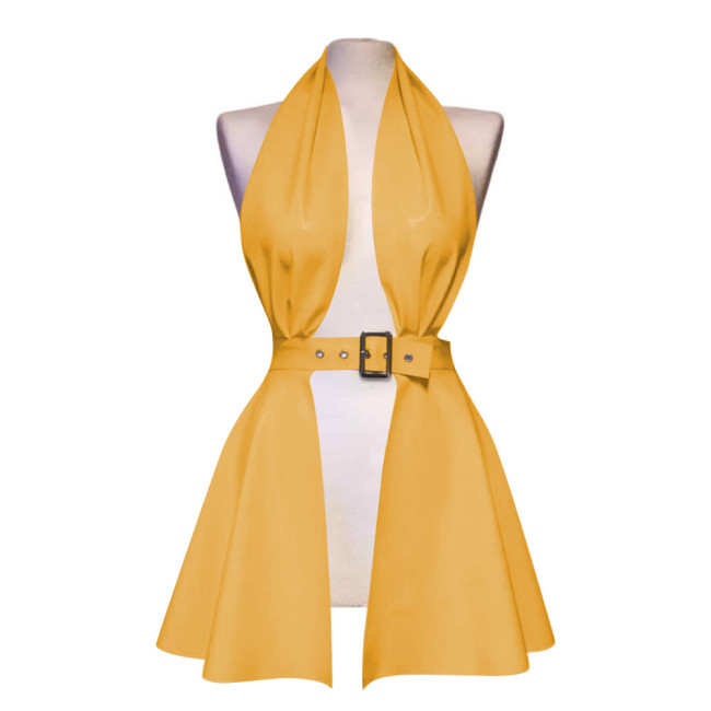 Erotic Halter Backless Hollow Out Sexy Dress Women Pole Dance Mini Faux Latex Dress Sexy Lingere Fetish Front Slit Pleated Dress