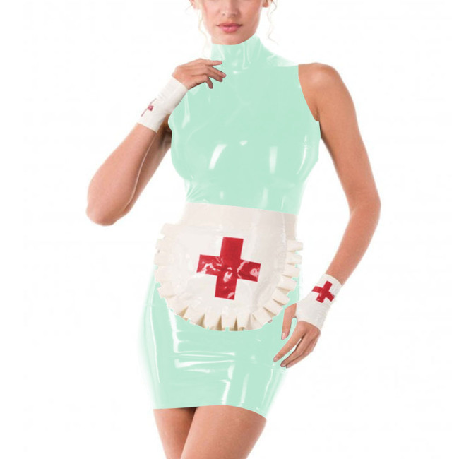 Erotic Role Play Nurse Career Cosplay High Neck PVC Leather Pencil Mini Dress Women Halloween Costume Sexy Nurse Dress Plus Size