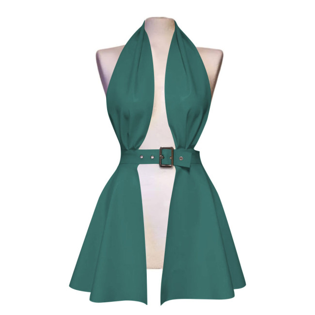 Erotic Halter Backless Hollow Out Sexy Dress Women Pole Dance Mini Faux Latex Dress Sexy Lingere Fetish Front Slit Pleated Dress