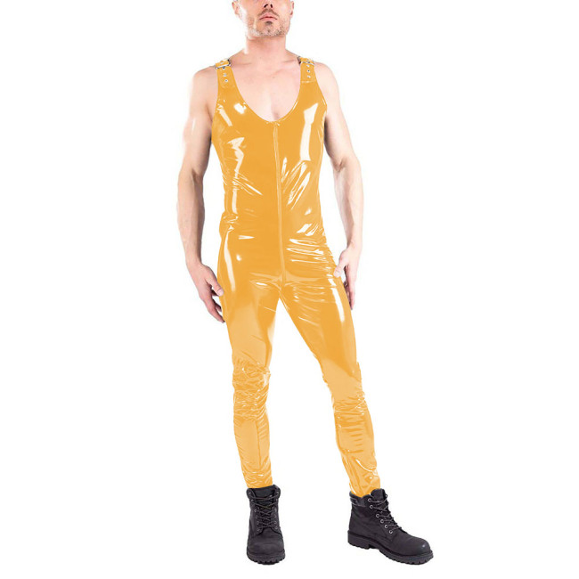 Fetish Mens Zip Open Crotch Sleevelss Jumpsuits Plus Size Stretch Slim Fit PVC Leather Jumpsuits Nightclub One Piece Overalls