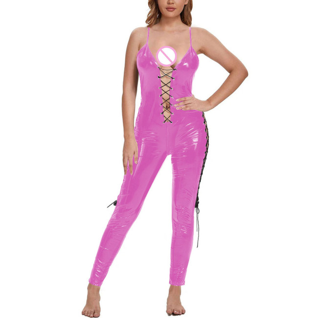 Erotic Spaghetti Strap Frenum PVC Leather Jumpsuits Women Club Party Hollow Out One Piece Romper Plus Size Rave Nightclub Zentai