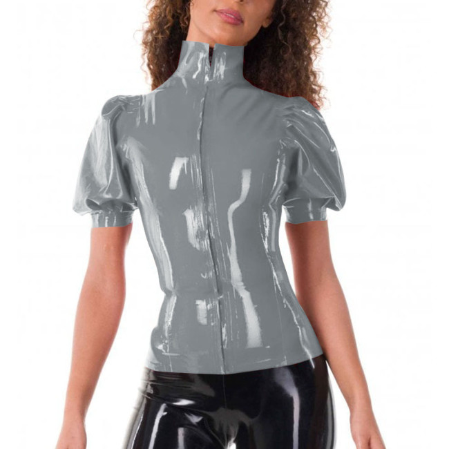 Ladies Tops Puff Short Sleeve Elegance High Neck PVC Leather Slim Fit Blouses Front Zipper Women Tops Office Business Daily Wear