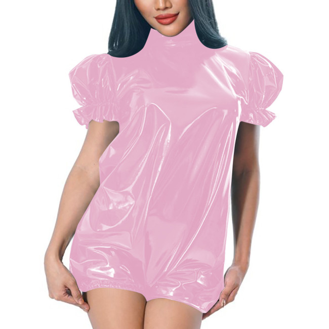 Turtleneck PVC Leather Summer Rompers Short Sleeve Latex Look Playsuits Sexy Lingerie Solid Stretch Bodysuit Pole Dance Wear