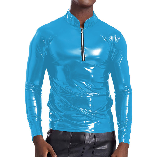 Glossy Stand Collar Tights T-Shirt Mens Punk Style Zipper Nightclub Tops Fashion Male Tee Shirt Shiny PVC Solid Tops Clubwear