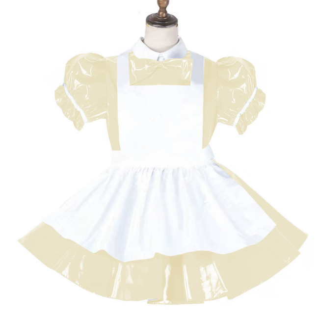 Sissy Lockable Maid Sweet Lolita Dress PVC Leather French Puff Sleeve A-line Black Lolita Dress Role Play Cosplay Maid Outfit