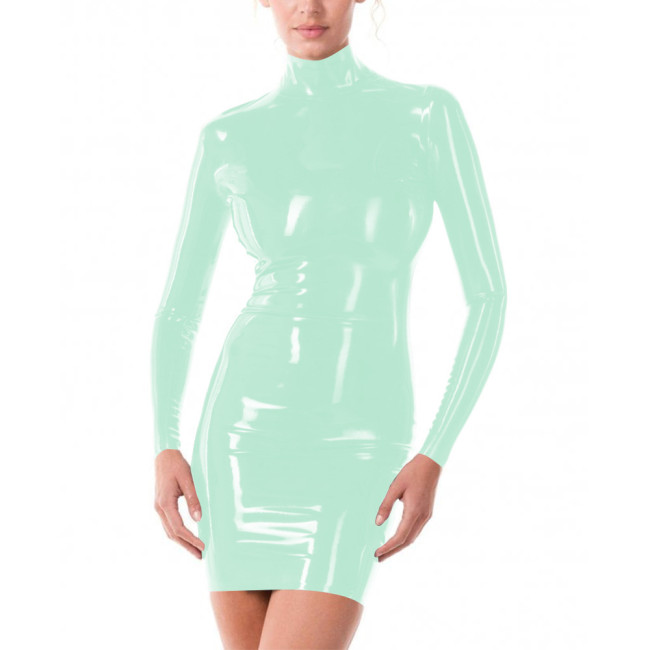 Sexy Club Long Sleeve Bodycon Tight Solid Dress for Women High Neck Faux Latex Stretch Bodycon Hobble Mini Dress Casual Vestido