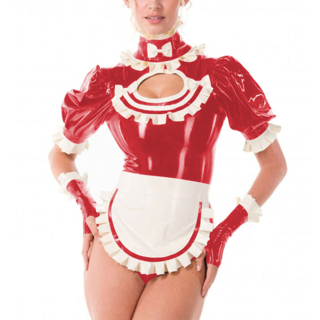 Sissy Fancy French Maid Uniforms Cross Dresser Cosplay Dress Outfits Ruffles Collar Short Sleeved PVC Shiny Bodysuit with Apron