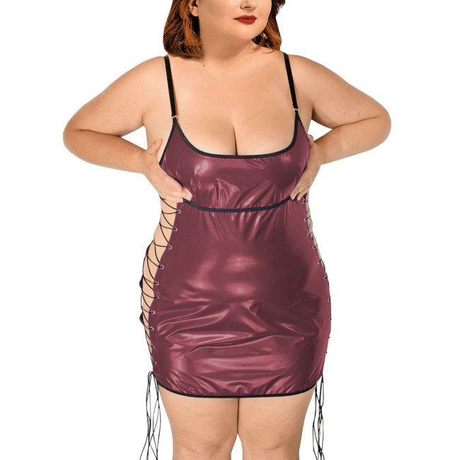 Exotic Dresses Wetlook Women Plunging Neckline Slip Dress PVC Leather Side Hollow Out Sexy Club Lace-up Bodycon Dress Pole Dance