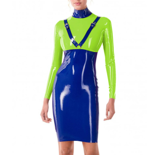 Patchwork Blue Turtleneck PVC Leather Slim Fit Hip Wrap Bodycon Dress Women Long Sleeve Sexy Hobble Dress for Club Cocktail
