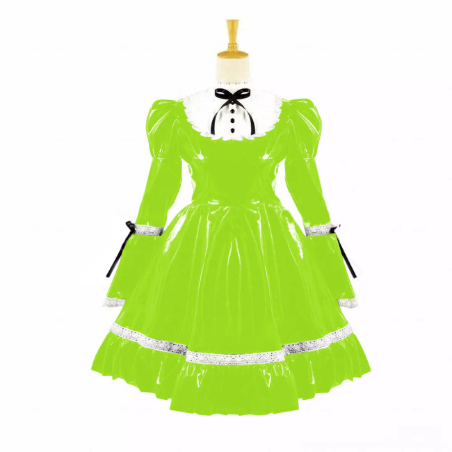 Turtleneck PVC Leather Maid Cosplay Lingerie Puff Long Sleeve Sweet Bow Splice White Lolita Dress Kawaii Waitress Maid Outfit