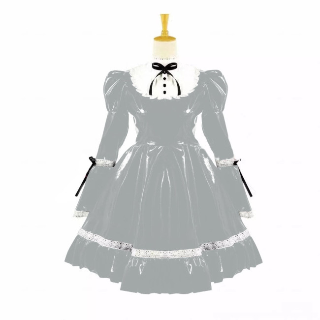 Turtleneck PVC Leather Maid Cosplay Lingerie Puff Long Sleeve Sweet Bow Splice White Lolita Dress Kawaii Waitress Maid Outfit