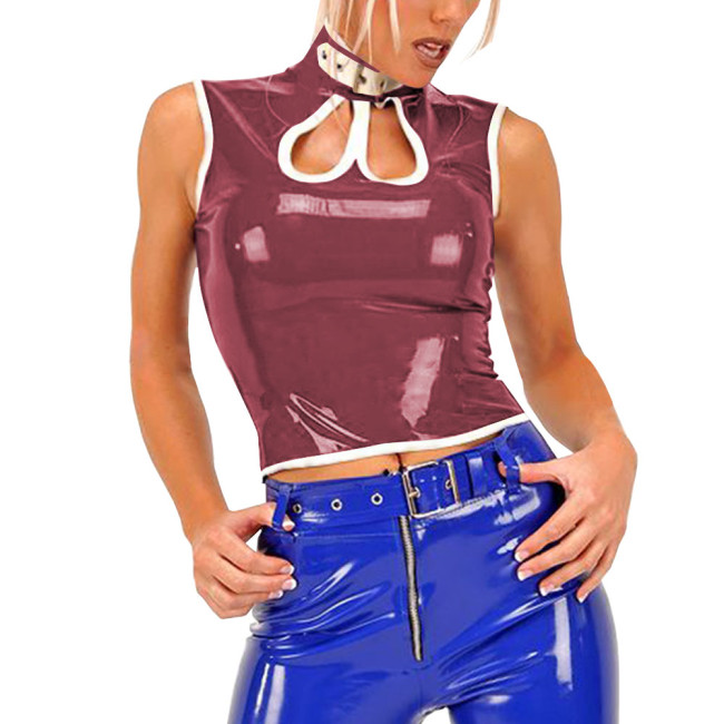 Sexy Gothic PVC Shiny Tops Women Slim Fit Glossy Hollow Out Vest Punk Style Tank T-shirt Fashion Sleeveless Club Tees Party Wear