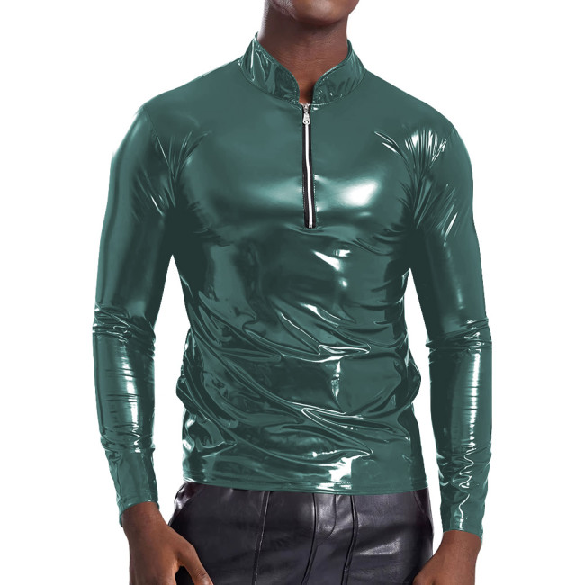 Glossy Stand Collar Tights T-Shirt Mens Punk Style Zipper Nightclub Tops Fashion Male Tee Shirt Shiny PVC Solid Tops Clubwear