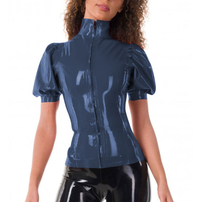 Ladies Tops Puff Short Sleeve Elegance High Neck PVC Leather Slim Fit Blouses Front Zipper Women Tops Office Business Daily Wear