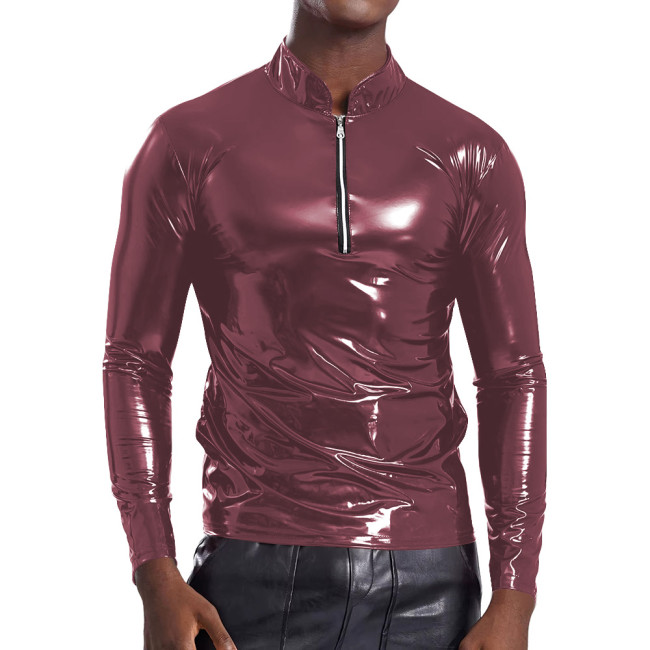 Glossy Stand Collar Tights T-Shirt Mens Punk Style Zipper Nightclub Tops Fashion Male Tee Shirt Shiny PVC Solid Tops Clubwear