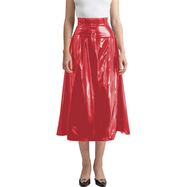 New Fashion High Waist Faux Latex Long Skirt Women PVC Leather A-line Pleated Skirt Wetlook Zipper Back Red Black Casual Skirts