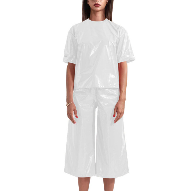 Wetlook Womens Two Peice Sets Short Sleeve Loose Casual Tops Summer PVC Leather High Waist Straight-leg Pant Sets Daily Wear