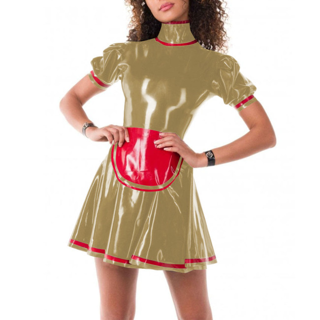 French Sweet Puff Sleeve Turtleneck Maid Dress Faux Latex Cosplay Costumes Pleated Mini Dress Sissy Cute Japanese Maid Outfit