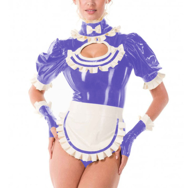 Sissy Fancy French Maid Uniforms Cross Dresser Cosplay Dress Outfits Ruffles Collar Short Sleeved PVC Shiny Bodysuit with Apron