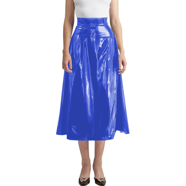 New Fashion High Waist Faux Latex Long Skirt Women PVC Leather A-line Pleated Skirt Wetlook Zipper Back Red Black Casual Skirts