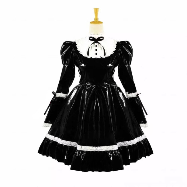 Turtleneck PVC Leather Maid Cosplay Lingerie Puff Long Sleeve Sweet Bow Splice White Lolita Dress Kawaii Waitress Maid Outfit