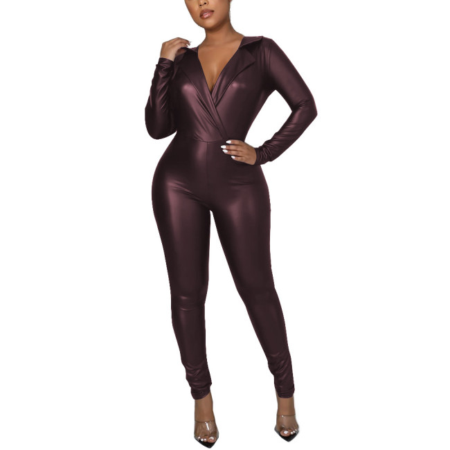 Fetish V-neck Overalls for Women PU Leather Long Sleeve Bodycon Jumpsuits Vintage Stretch Slim Fit Faux Leather Rompers Exotic