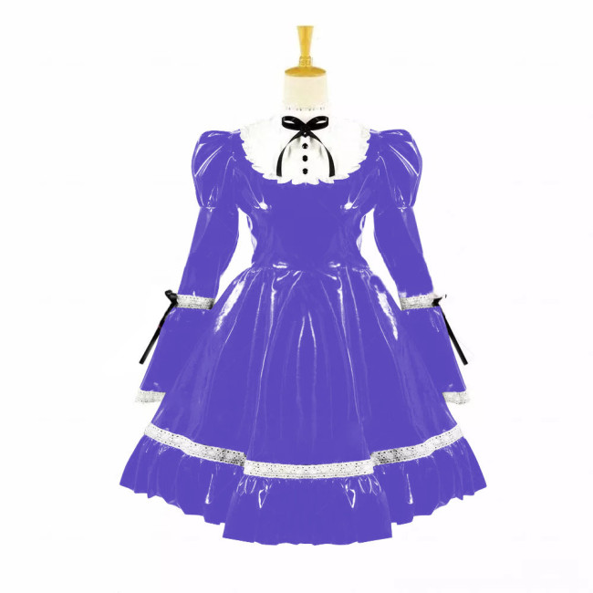 Turtleneck PVC Leather Maid Cosplay Lingerie Puff Long Sleeve Sweet Bow Splice White Lolita Dress Kawaii Waitress Maid Outfit