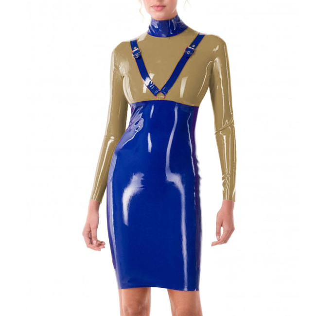 Patchwork Blue Turtleneck PVC Leather Slim Fit Hip Wrap Bodycon Dress Women Long Sleeve Sexy Hobble Dress for Club Cocktail
