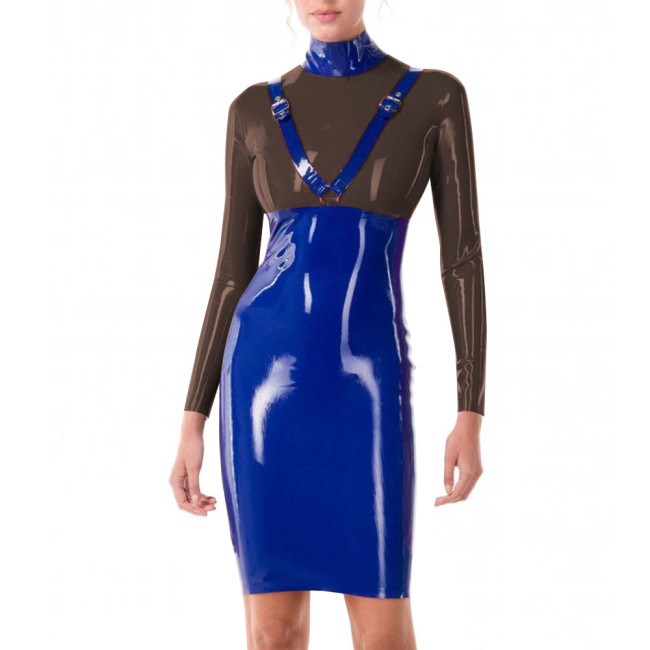 Patchwork Blue Turtleneck PVC Leather Slim Fit Hip Wrap Bodycon Dress Women Long Sleeve Sexy Hobble Dress for Club Cocktail