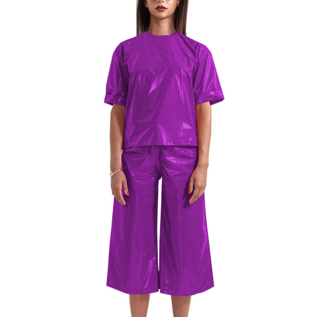 Wetlook Womens Two Peice Sets Short Sleeve Loose Casual Tops Summer PVC Leather High Waist Straight-leg Pant Sets Daily Wear
