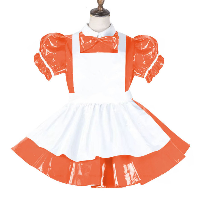 Sissy Lockable Maid Sweet Lolita Dress PVC Leather French Puff Sleeve A-line Black Lolita Dress Role Play Cosplay Maid Outfit